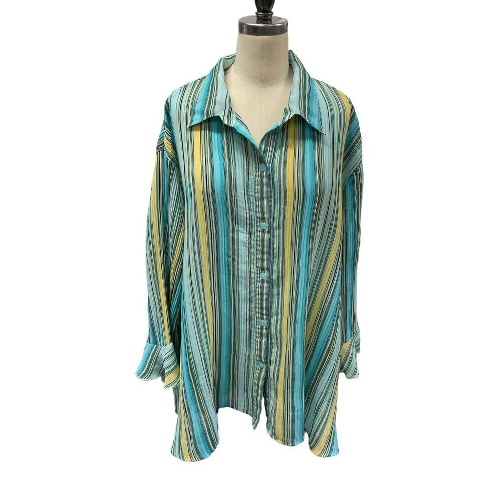 CATO Blouse Shirt Stripe Blue Aqua Yellow Crinkle 3/4 Sleeve Plus Size 26/28
